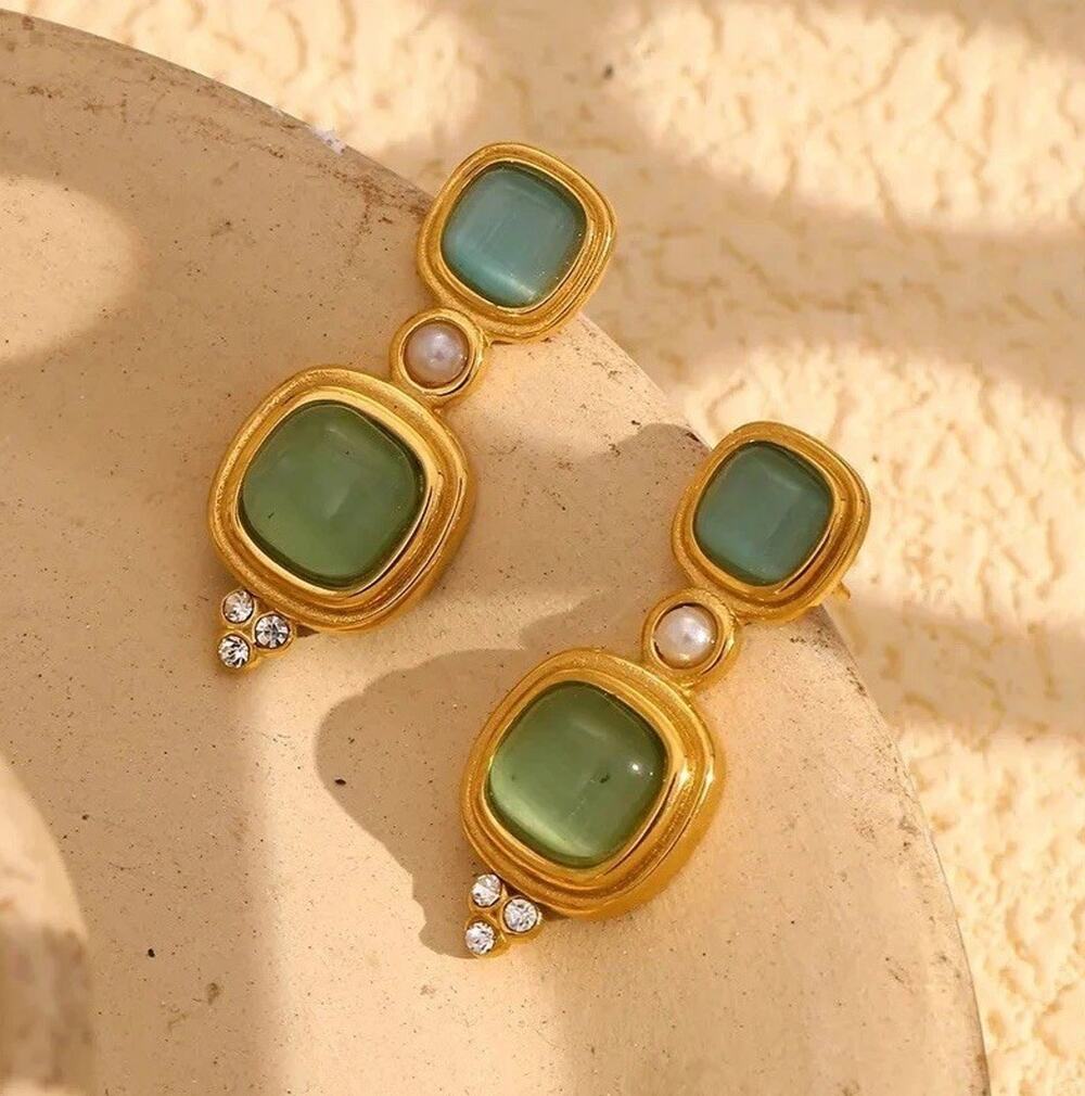 Museum Pearl Court Earrings Antique VTG Gold Geometric Boho Victorian Palace CZ